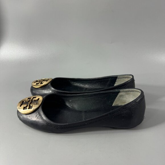 TORY BURCH Reva Ballerina Ballet Flats - Black Leather Gold Logo - Size 6 M - Picture 5 of 14